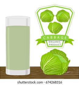 Illustration on theme cooking cabbage smoothie in glass, tasty bright liquid from juice. Smoothie consisting of beautiful cabbage juice in glass. Drinks cabbage smoothie in glass on natural juice.