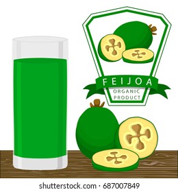 Illustration on theme cooking feijoa smoothie in glass, tasty bright liquid from juice. Smoothie pattern consisting of beautiful feijoa juice in glass. Drinks feijoa smoothie in glass on natural juice