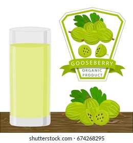 Illustration on theme cooking gooseberry smoothie in glass, tasty liquid from juice. Smoothie consisting of beautiful gooseberry juice in glass. Drinks gooseberry smoothie in glass on natural juice.