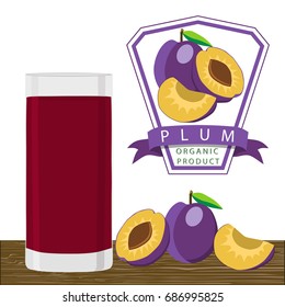 Illustration on theme cooking plum smoothie in glass, tasty bright liquid from juice. Smoothie pattern consisting of beautiful plum juice in glass. Drinks plum smoothie in glass on natural juice.