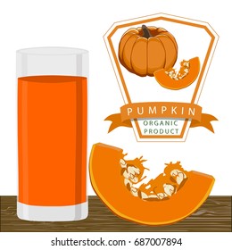 Illustration on theme cooking pumpkin smoothie in glass, tasty bright liquid from juice. Smoothie consisting of beautiful pumpkin juice in glass. Drinks pumpkin smoothie in glass on natural juice.