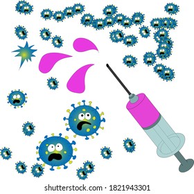 
Illustration on the theme of the coronavirus vaccine.
A syringe with a vaccine and many viruses.