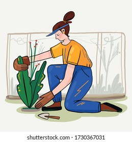 illustration on a theme of country life. Work with the land, planting flowers, caring for plants in the summer. Country life
