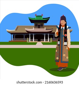 illustration on the theme of the country of Mongolia. A girl in a traditional Mongolian dress against the backdrop of the ancient Palace of the Bogd Gegen. Vector illustration