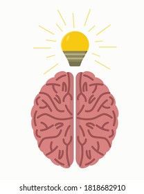 illustration on the theme of a creative idea, the brain and a light bulb above it on a white background