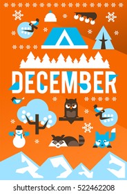 Illustration on the theme of December. Designed for printing, postcards, calendars, notebooks, diary. Set winter objects. Owl, raccoon, dog, snowman, pine, bullfinch, berries, house, forest, mountain