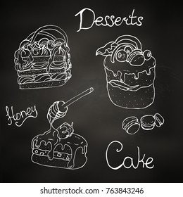 Illustration on a theme of desserts .on a chalk board, bright cakes and fruitcakes.elements can be used in menus, signs, banners, flyers.