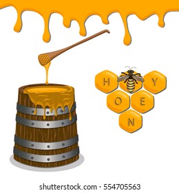 Illustration on theme dripping honey from spoon on wooden barrel. Barrel consisting of collection liquid yellow honey, wooden spoon for food. Wooden barrel stand on warehouse together with spoon honey