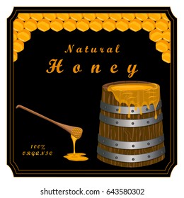 Illustration on theme dripping honey from spoon on wooden barrel. Barrel consisting of collection liquid yellow honey, wooden spoon for food. Wooden barrel stand on warehouse together with spoon honey