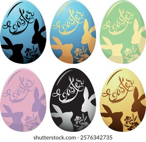 Illustration on the theme of Easter. Easter egg with Easter bunnies, inscription and flowers.