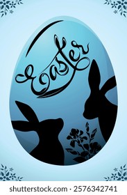 Illustration on the theme of Easter. Easter egg with Easter bunnies, inscription and flowers.