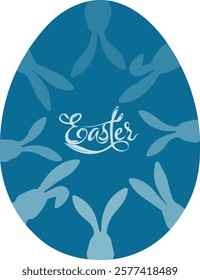 Illustration on the theme of Easter. Easter egg with Easter bunnies, inscription and flowers.