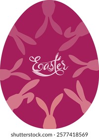 Illustration on the theme of Easter. Easter egg with Easter bunnies, inscription and flowers.