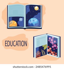 Illustration on the theme of education. Depicted books with illustration of space and autumn leaves