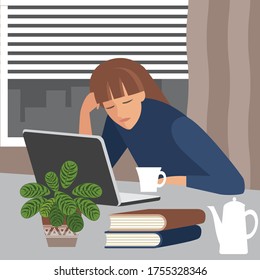illustration on the theme of emotional burnout. sad, tired girl with a laptop. 
a drawing in the style of the cartoon. stock vector illustration. EPS 10.