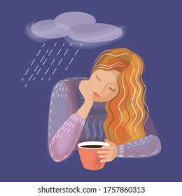 illustration on the theme of emotional burnout. sad girl with a Cup of hot drink. 
imitation of a pastel drawing. stock vector illustration. EPS 10.