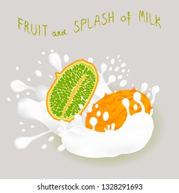 Illustration on theme falling kiwano at splash sugary cow milk. Kiwano pattern consisting of cute meal for healthy organic beverage with milk splash. Splash kiwano in exclusive milk menu gourmet.