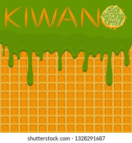 Illustration on theme falling runny kiwano drip at sugary waffle cookie. Kiwano pattern consisting of drip nice meal for organic waffle cookies. Drip kiwano in exclusive menu gourmet is waffle cookie
