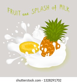 Illustration on theme falling runny pineapple drip at sugary cow milk. Pineapple pattern of collection drip meal for organic healthy milk beverage. Drip pineapple in exclusive milk drink, menu gourmet