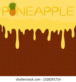 Illustration on theme falling runny pineapple drip at sugary waffle cookie. Pineapple pattern of drip meal for organic healthy waffle cookies. Drip pineapple in exclusive menu gourmet is waffle cookie