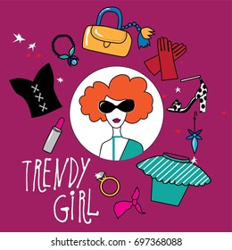 Illustration on the theme of fashion, fashion girl with accessories