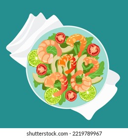 Illustration on the theme of food. Appetizing salad with shrimps, avocado, cherry tomatoes, lime and greens. Vector illustration