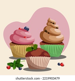 Illustration on the theme of food and desserts. Beautiful cupcakes decorated with cream and cream on a delicate background. Berry cupcake with cream, chocolate cupcake with cream and chocolate cupcake