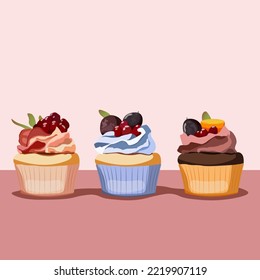 
Illustration on the theme of food, desserts. Cupcakes with different flavors - chocolate cupcake, berry cupcake and cream cupcake. Each cupcake is decorated with cream with fruits and berries. Vector