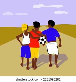 Illustration on the theme of football.African children go to play football. Football fans .Vector illustration