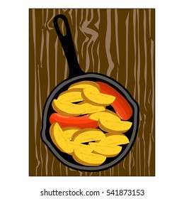 Illustration on theme fried baked potato in kitchen pan on wood board. Potato pattern consisting of natural baked food, fried cooking accessory kitchen pan. Eat fresh fried baked potato in kitchen pan