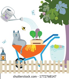 
Illustration on the theme of the garden with a cat