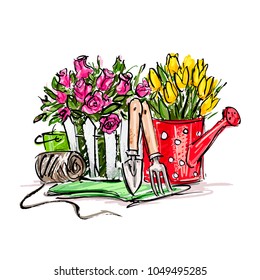 Illustration on the theme of the garden. A pot of roses and tulips, a red watering can and tools for the gardener.