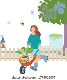 
Illustration on the theme of gardening. Girl with a garden wheelbarrow. planting seedlings and flower bulbs. Outdoor activities in the garden.
