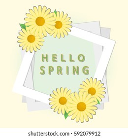 illustration on theme green poster with inscription happy spring, placard pattern consisting of design label in leafs on inscription happy spring, colorful foliage plant to inscription happy spring