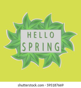 illustration on theme green poster with inscription happy spring, placard pattern consisting of design label in leafs on inscription happy spring, colorful foliage plant to inscription happy spring