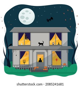 Illustration on the theme "Halloween". Here is a picture of a house with various attributes of the holiday