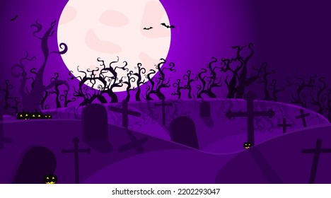Illustration on the theme of halloween in purple colors. Halloween. Moon, pumpkins, bats.