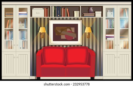 Illustration on the theme of housing, libraries, places for reading with sofa, sconce and bookcases. can be used in your design, advertising, illustration, animation, etc.