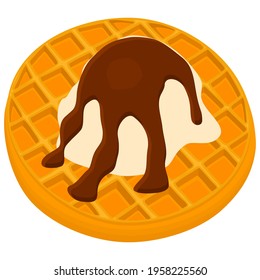 Illustration on theme ice cream on waffle with cell, dessert appetizing cookie. Waffle consisting of tasty shaped cookie, fresh soft ice cream. Waffle from cold white ice cream it natural yummy cookie
