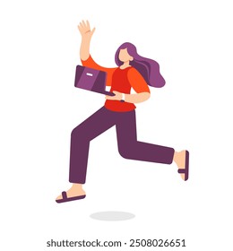 Illustration on the theme of the idea, a girl running with a laptop, in flat style.