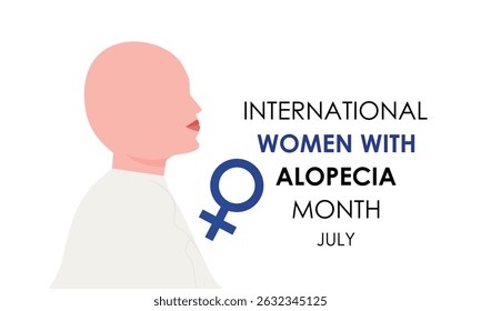 Illustration on the theme of International Women with Alopecia Month Empowering Confidence, Breaking Stigmas, Celebrating Strength. Blue ribbon with Realistic ribbon Banner poster background.