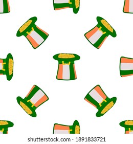 Illustration on theme Irish holiday St Patrick day, seamless headdress hats. Pattern St Patrick day consisting of many identical hats on white background. Hats it main accessory for St Patrick day.