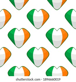 Illustration on theme Irish holiday St Patrick day, seamless color hearts. Pattern St Patrick day consisting of many identical hearts on white background. Hearts it main accessory for St Patrick day.