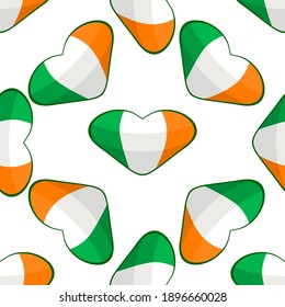 Illustration on theme Irish holiday St Patrick day, seamless color hearts. Pattern St Patrick day consisting of many identical hearts on white background. Hearts it main accessory for St Patrick day.