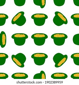 Illustration on theme Irish holiday St Patrick day, seamless headdress hats. Pattern St Patrick day consisting of many identical hats on white background. Hats it main accessory for St Patrick day.