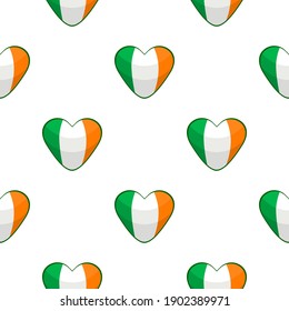 Illustration on theme Irish holiday St Patrick day, seamless color hearts. Pattern St Patrick day consisting of many identical hearts on white background. Hearts it main accessory for St Patrick day.