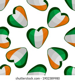 Illustration on theme Irish holiday St Patrick day, seamless color hearts. Pattern St Patrick day consisting of many identical hearts on white background. Hearts it main accessory for St Patrick day.