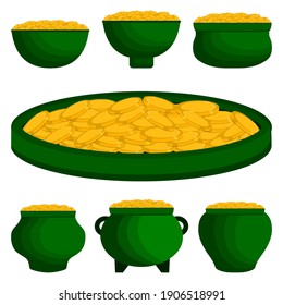 Illustration on theme Irish holiday St Patrick day, coins in pot. Pattern St Patrick day consisting of many different pot of coins on white background. Pot for coins it main accessory St Patrick day.