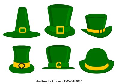 Illustration on theme Irish holiday St Patrick day, set headdress hats. Pattern St Patrick day consisting of many green different hats on white background. Hats it main accessory for St Patrick day.