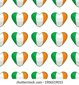 Illustration on theme Irish holiday St Patrick day, seamless color hearts. Pattern St Patrick day consisting of many identical hearts on white background. Hearts it main accessory for St Patrick day.